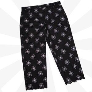 Tori Richard Black Capris Pants Size 12 Embroidered Flower Crop High Rise